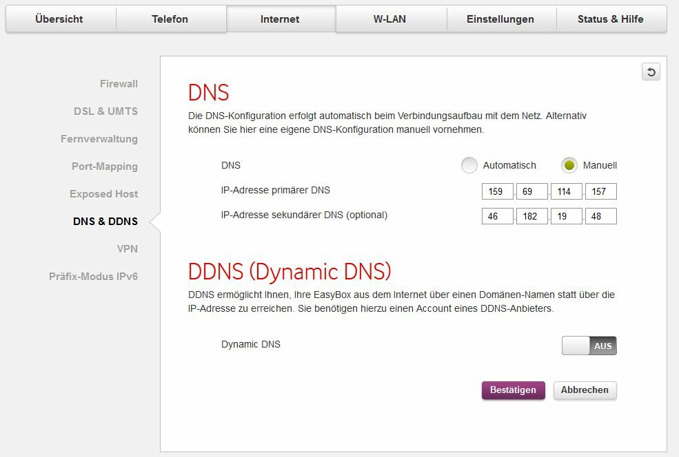 Beispielhafte DNS-Server-Einstellungen der EasyBox 904